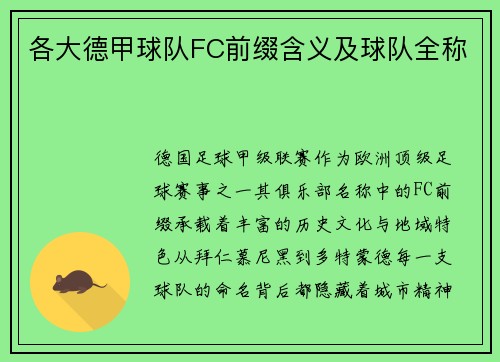 各大德甲球队FC前缀含义及球队全称